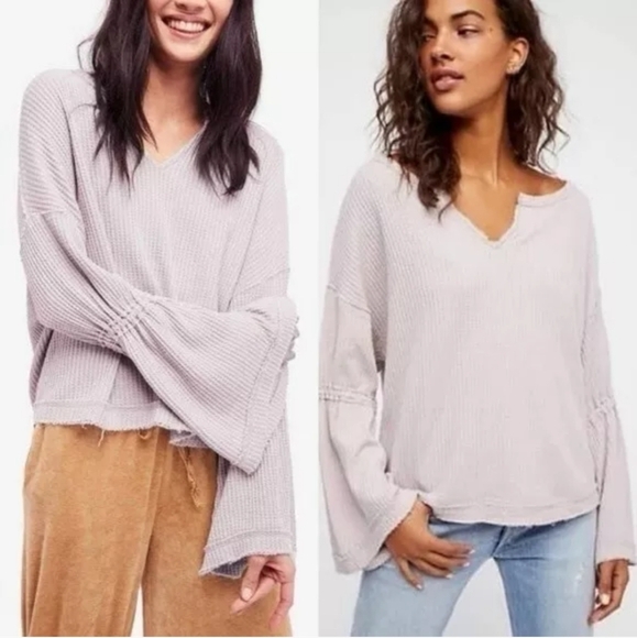 Free People Dahlia Waffle Knit Bell Sleeve Blouse size Small in Lilac 💜 Small - Picture 2 of 12